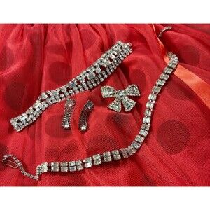 Vtg Statement Silver Tone Rhinestone Set; Choker, Bracelet, Brooch & Earrings